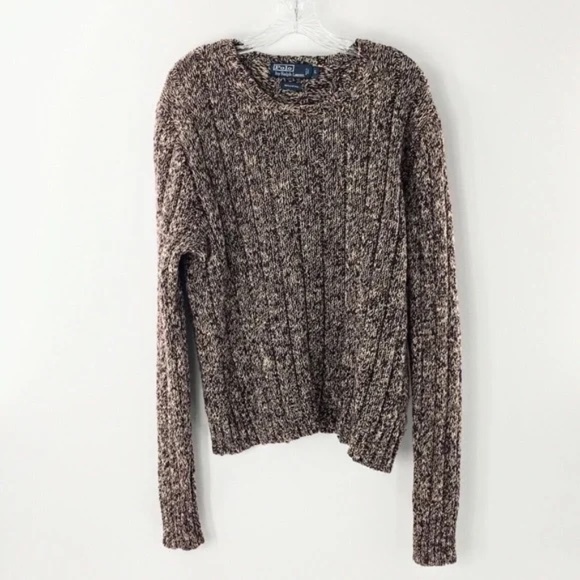 Polo Ralph Lauren Mens Rib Knit Sweater Brown Heather Crewneck Fisherman Sz L - Picture 3 of 10